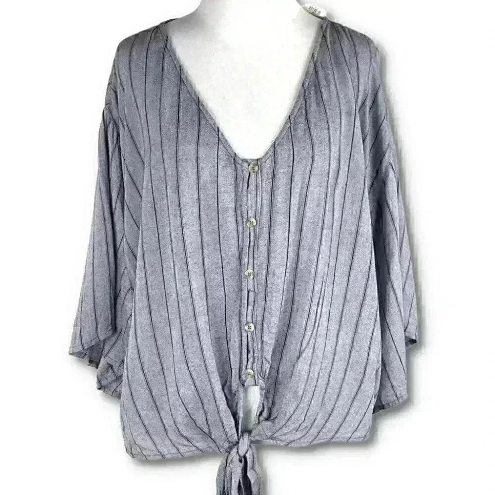 Blue rain Womens top size M blue striped v-neck boho peasant
